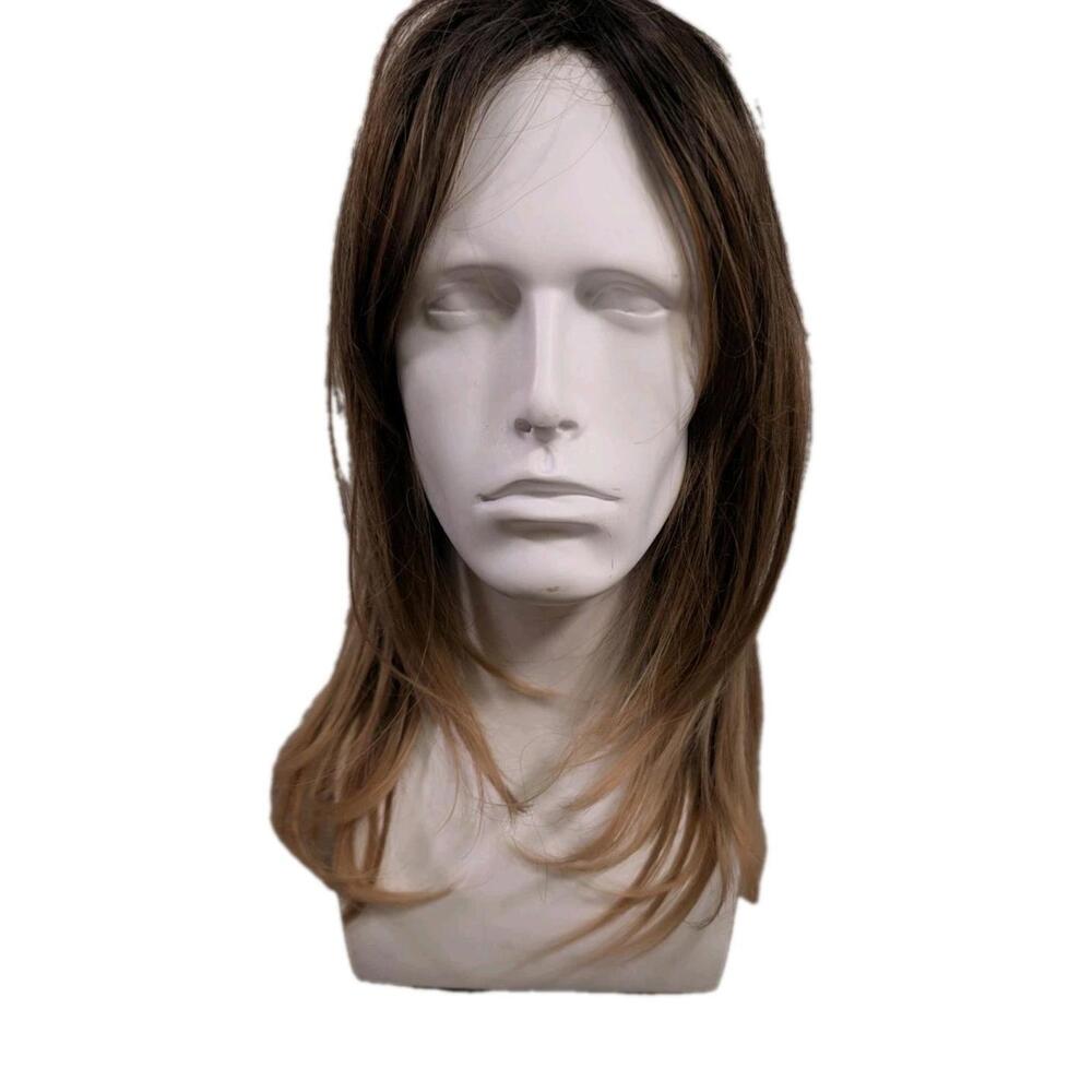 Medium Length Blonde Brown Ombre Straight Layered Synthetic Hair Wig W/Hint Red